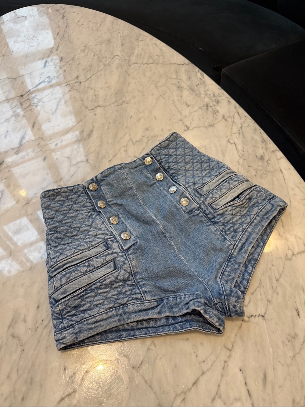 BALMAIN Button-detailed quilted stretch-denim shorts